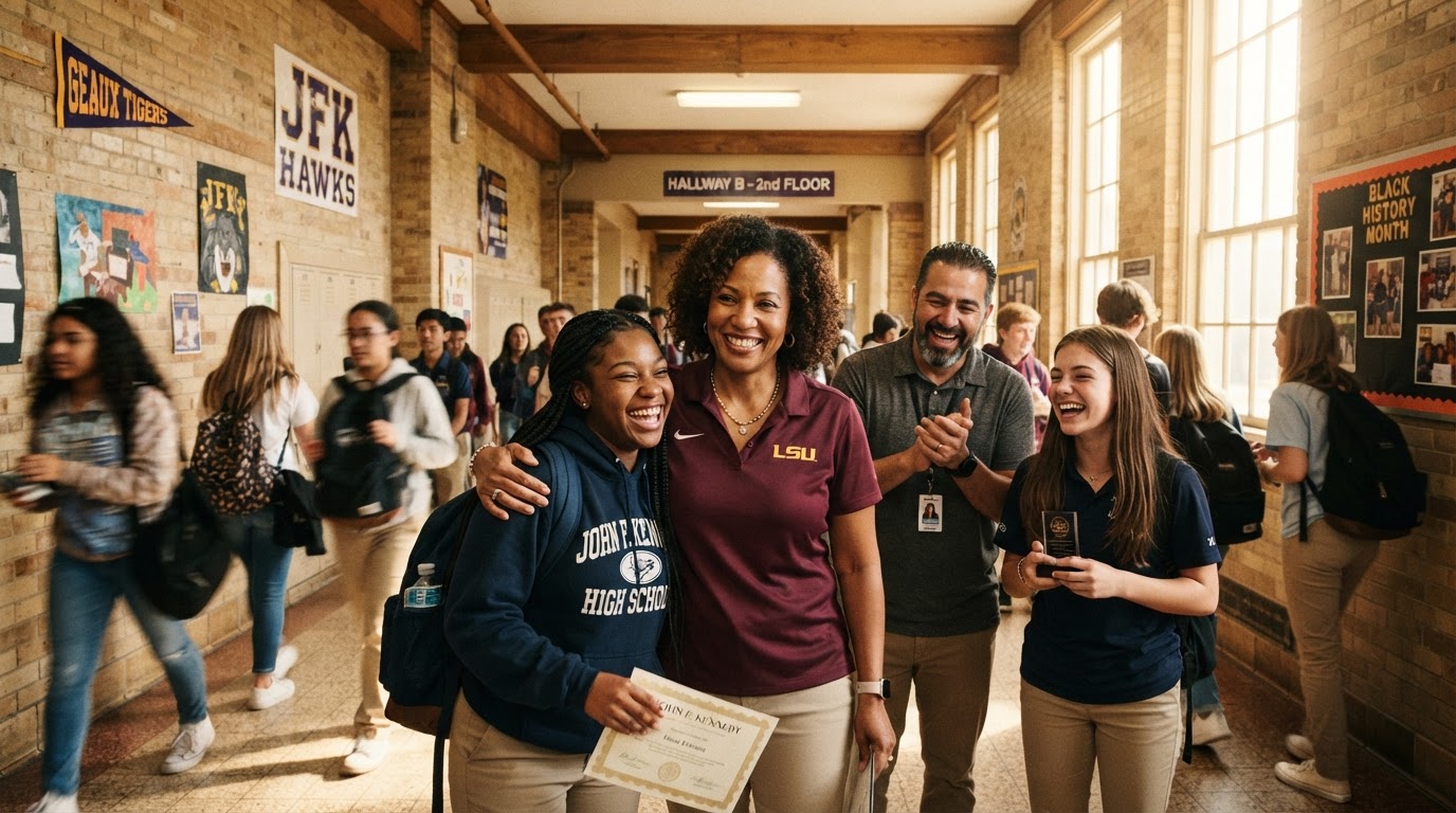 Students and school staff in a sunlit St. Landry Parish school hallway