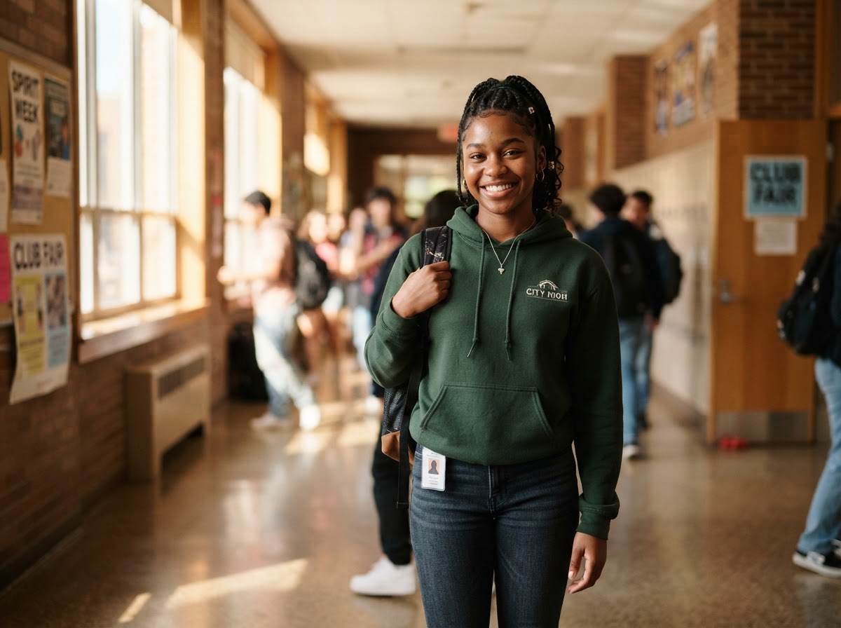 A confident student in a sunlit school corridor