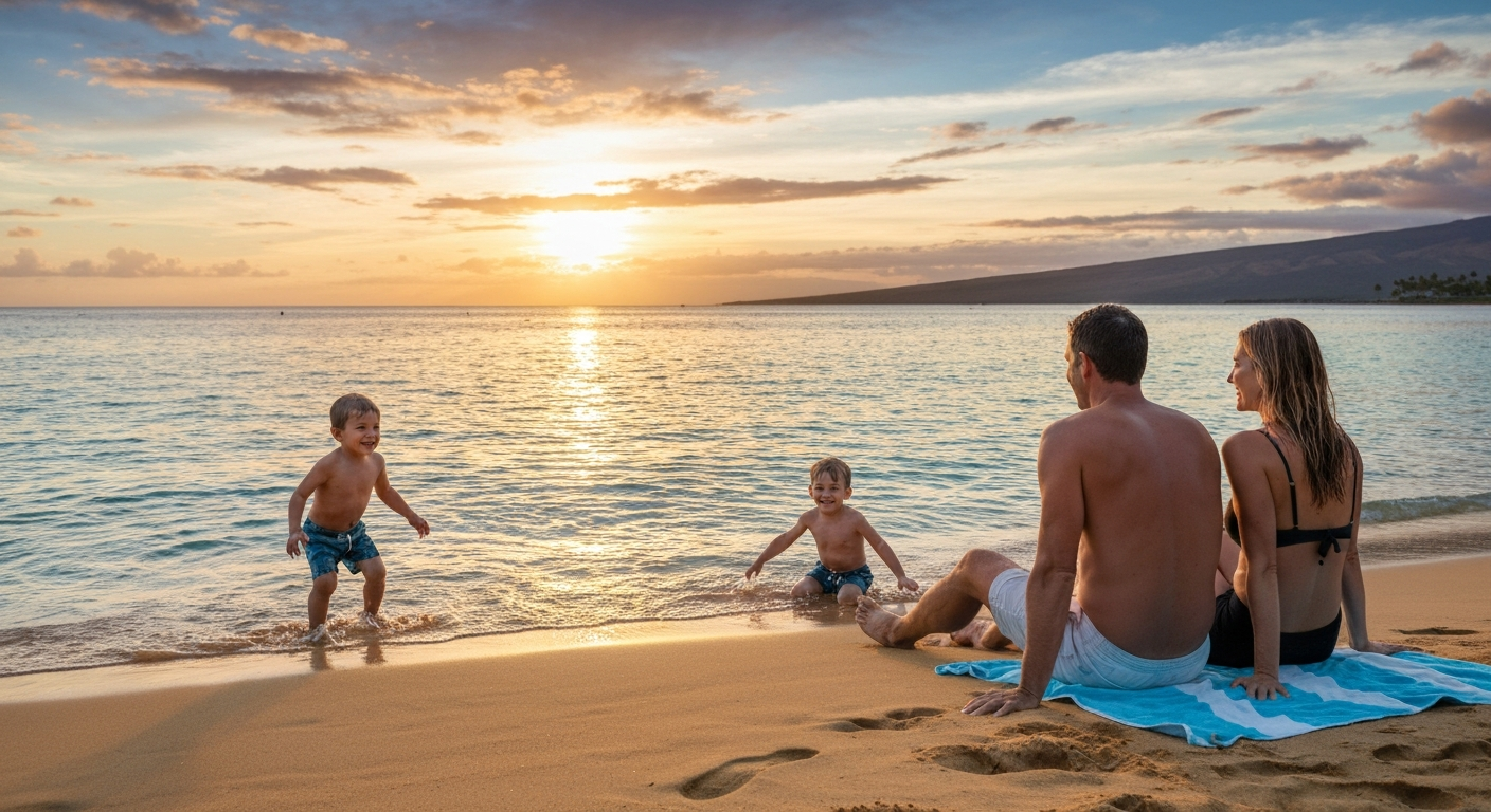 Family enjoying a beach day in South Maui