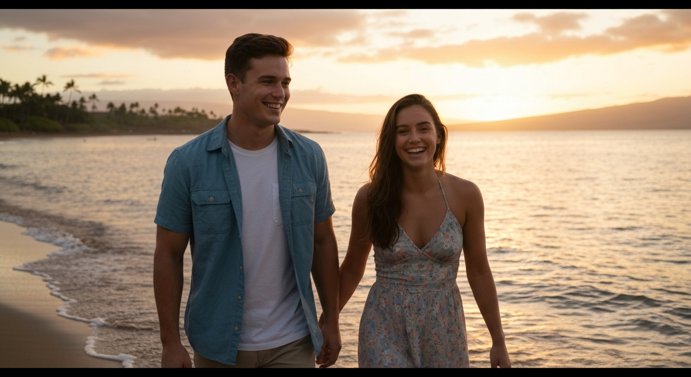 Couple walking at sunset on Keawakapu Beach