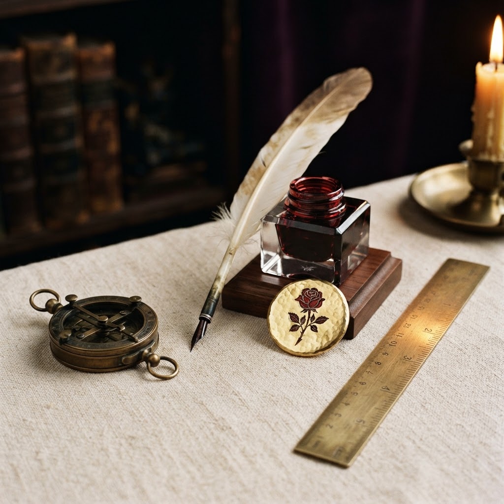 Rose Wilder's atelier legacy mark — compass, quill, and rose