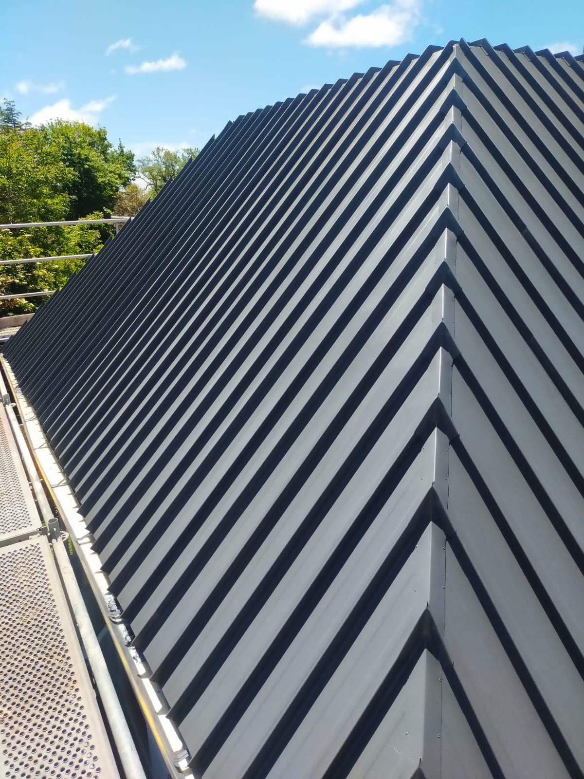 Newly painted dark corrugated iron roof against blue sky completed by Garden City Painters