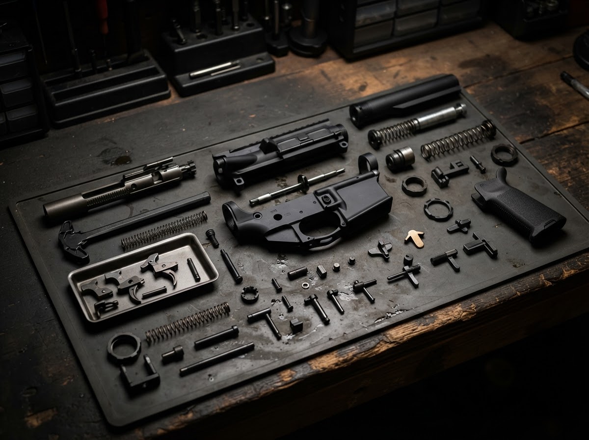 Precision machined AR-15 parts on a workbench at Flathead Gun Shop