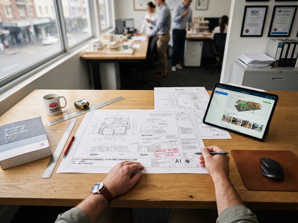 Architectural blueprints and digital tablet on desk