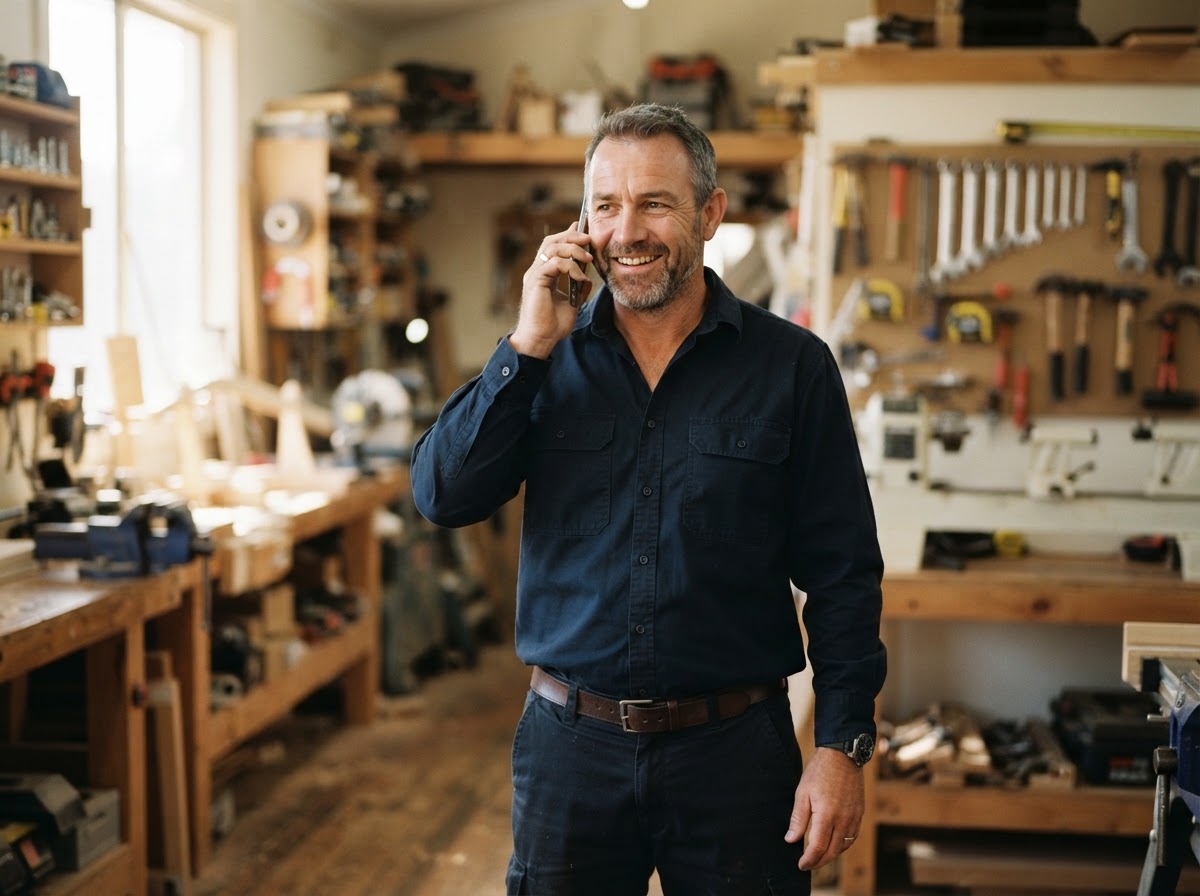A local service business owner taking a customer enquiry on his phone