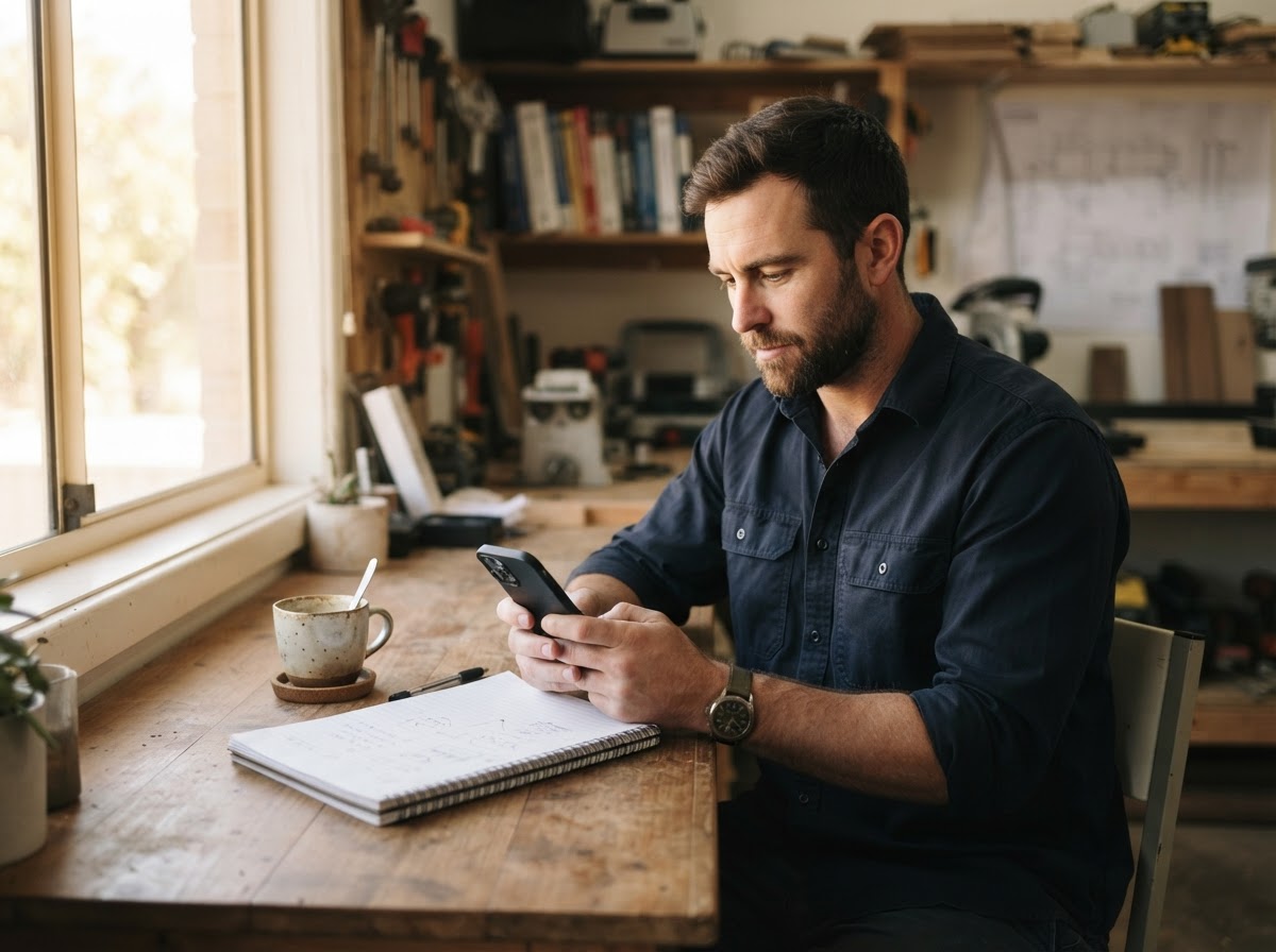 A service business owner reviewing enquiry details on his phone before calling the customer back