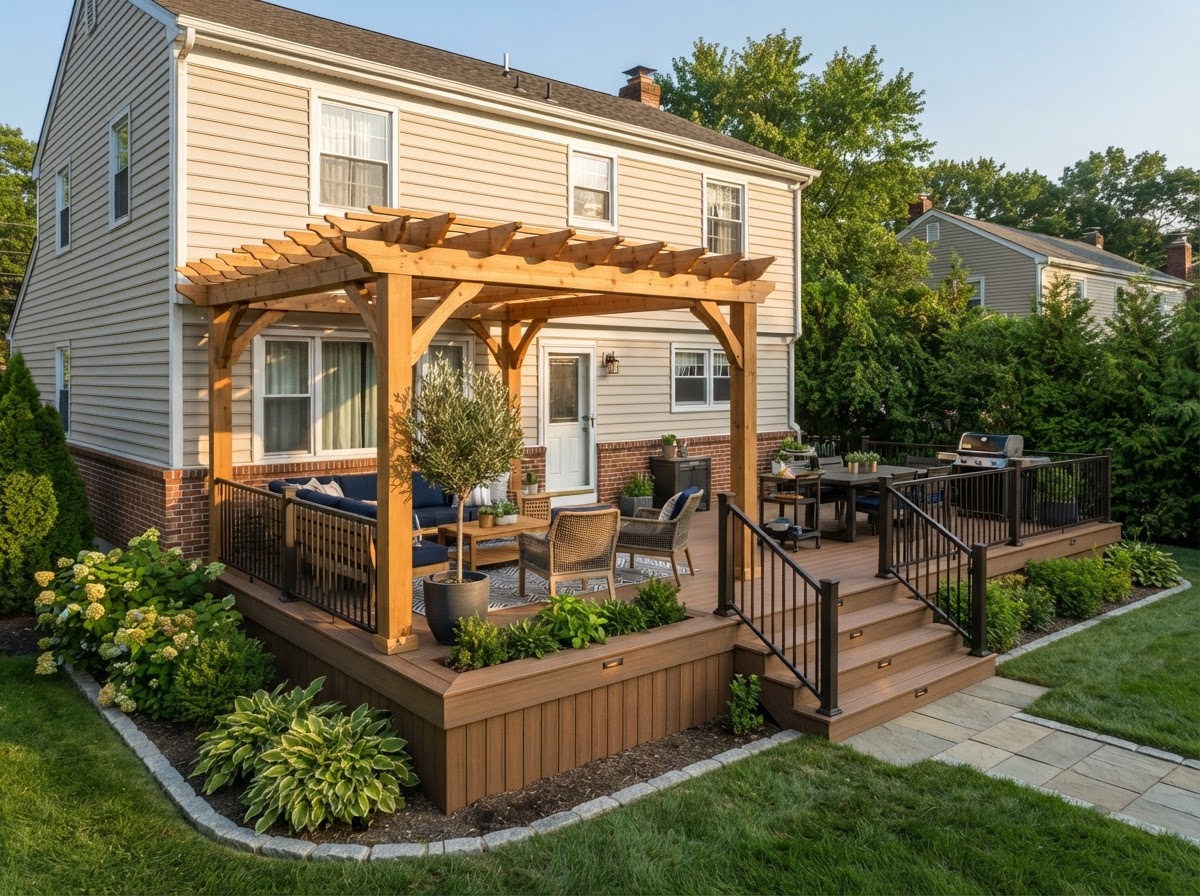 Newly built backyard wood deck with pergola