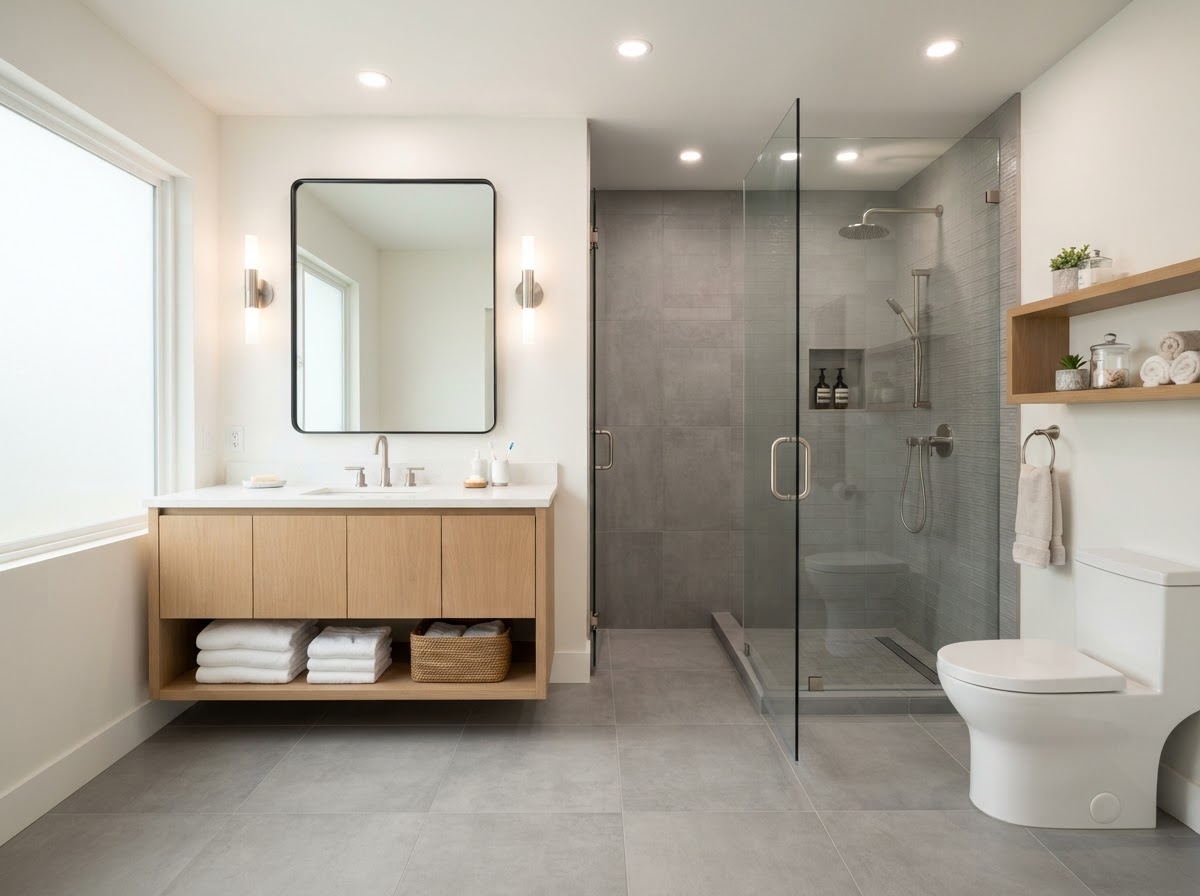 Finished bathroom remodel with walk-in glass shower and modern vanity