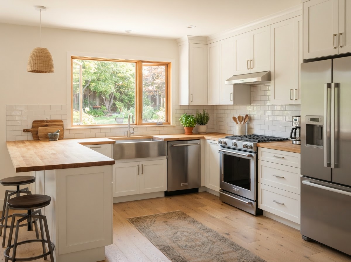 Finished kitchen remodel with white shaker cabinets and butcher block counters
