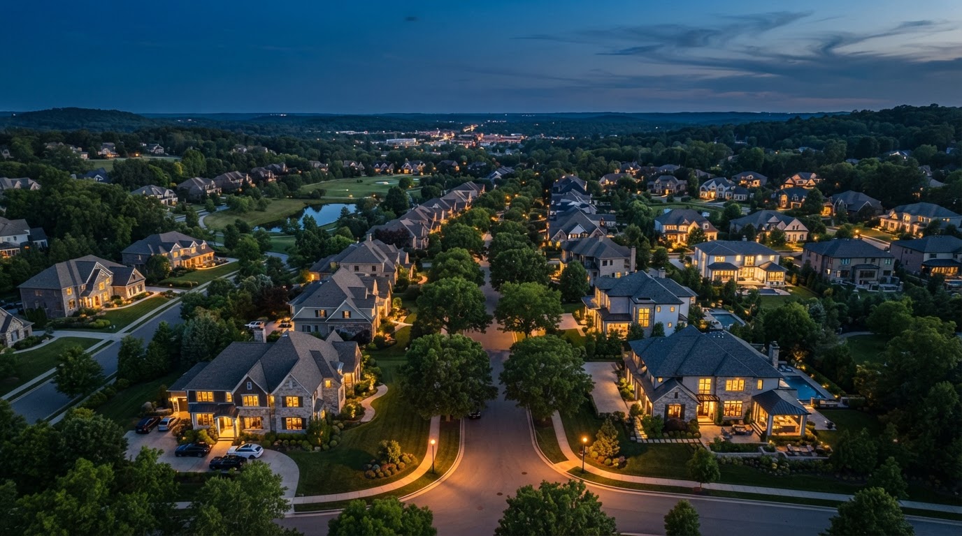 Aerial view of a suburban neighborhood at dusk