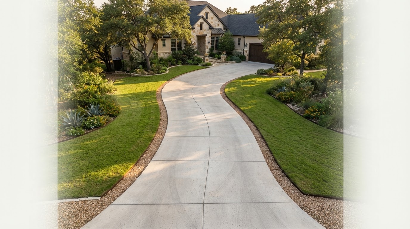 Beautifully finished concrete driveway with crisp control joints and grass borders