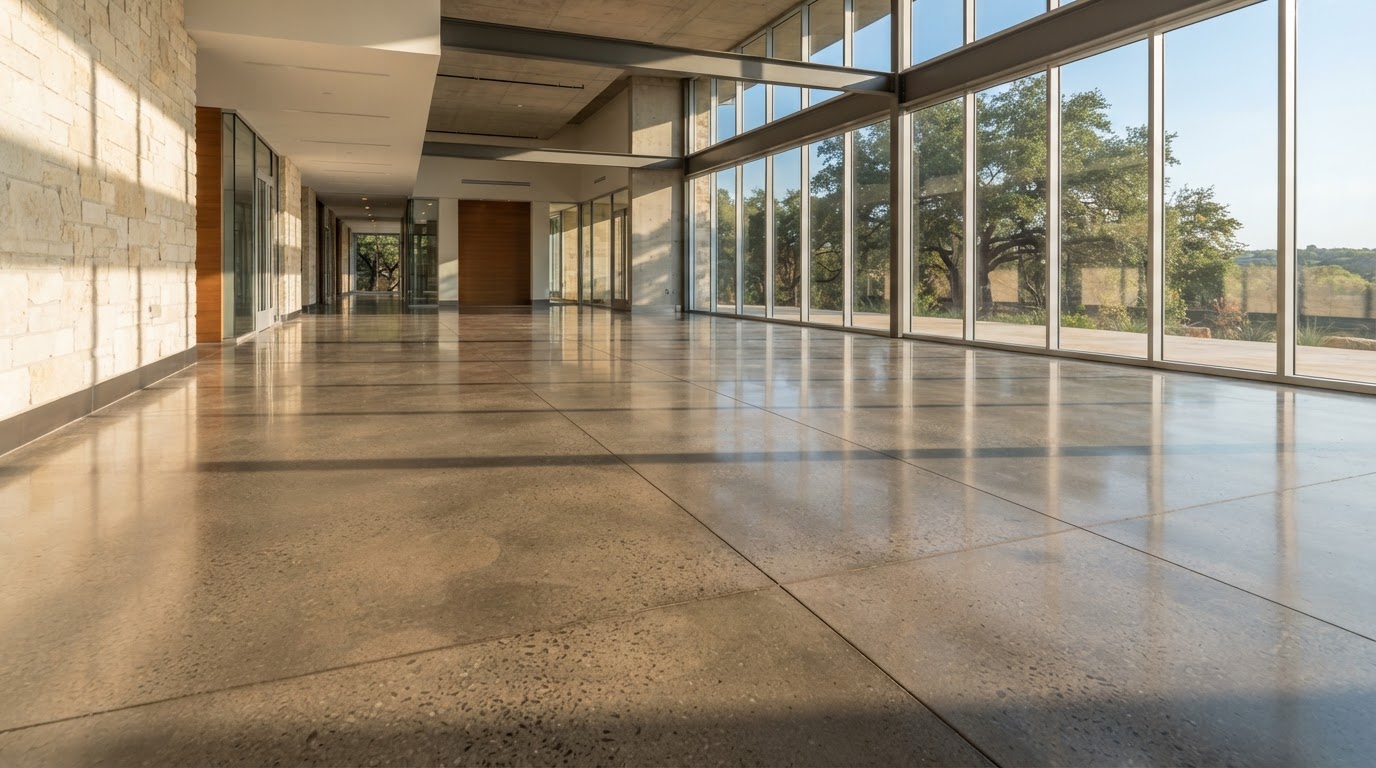 Polished concrete slab with reflective shine and smooth depth
