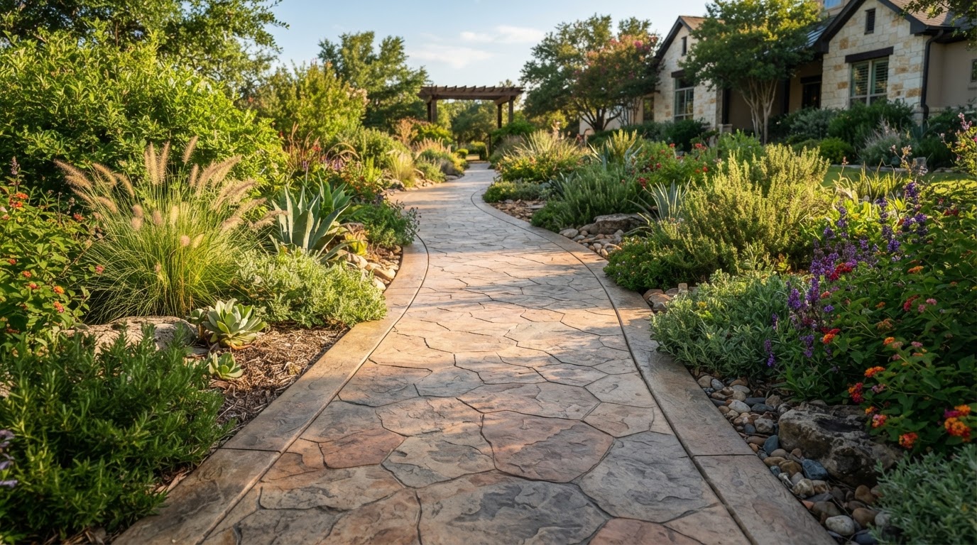 Decorative concrete walkway with multi-tone coloration and sealed finish