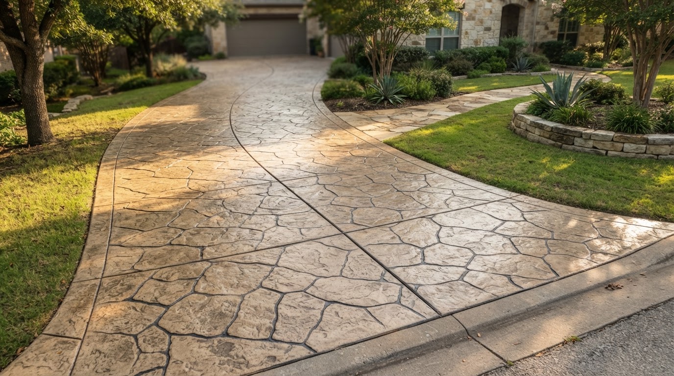Stamped concrete driveway with deep impressions and grout lines