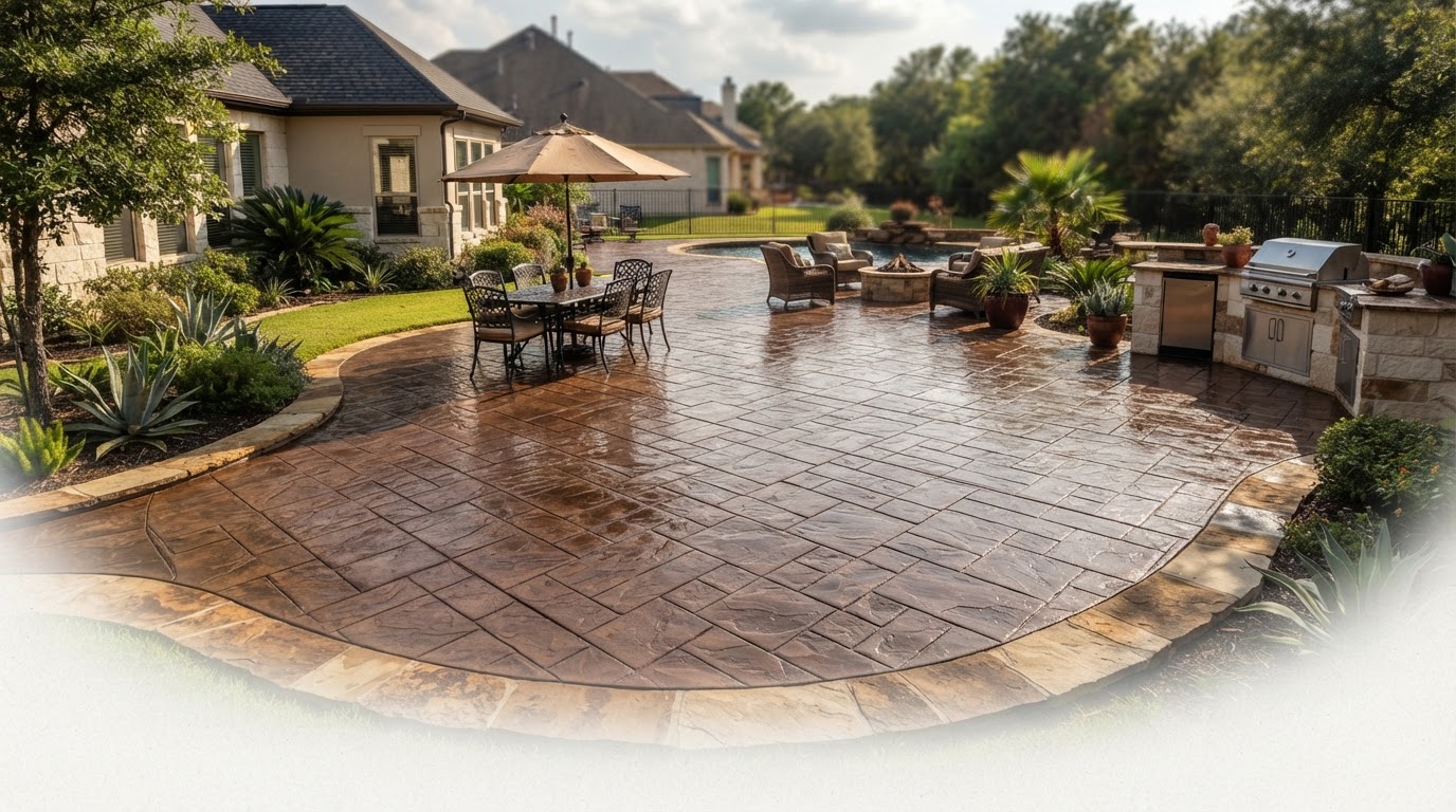 Deep walnut stamped-concrete patio with sealed sheen and crisp patterns