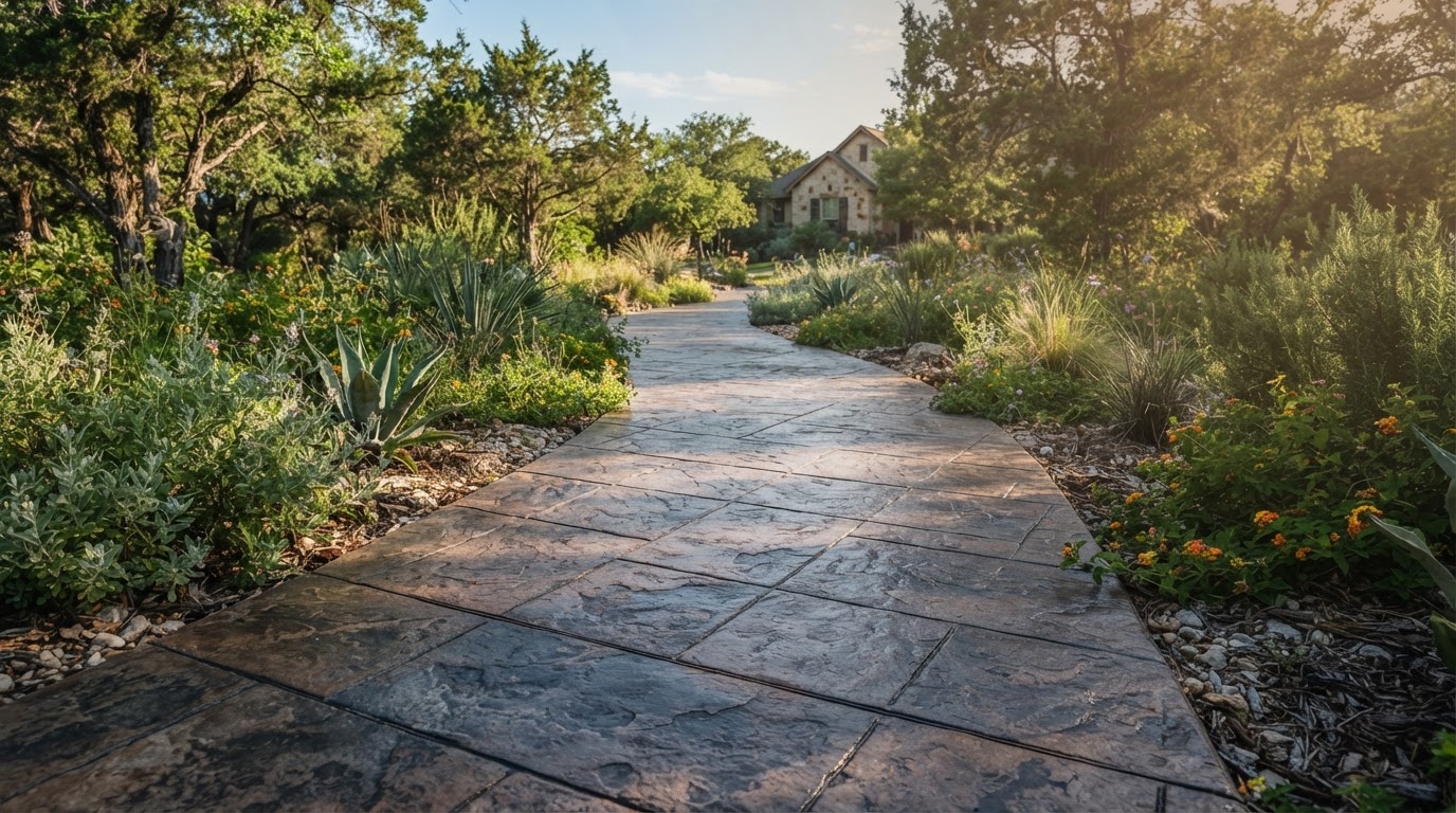 Slate blue and rustic brown stamped-concrete walkway with natural weathering
