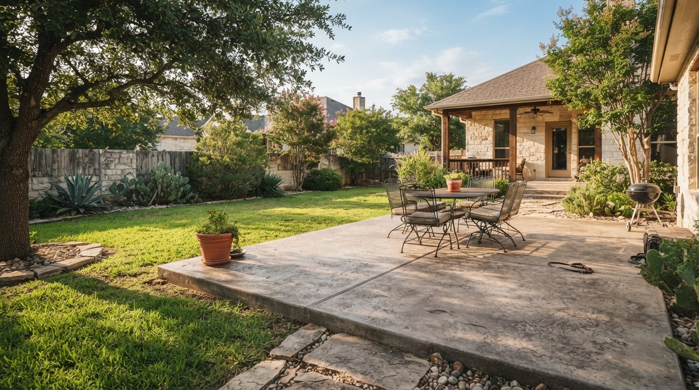 Spacious smooth-finish concrete patio with stone borders, long-established