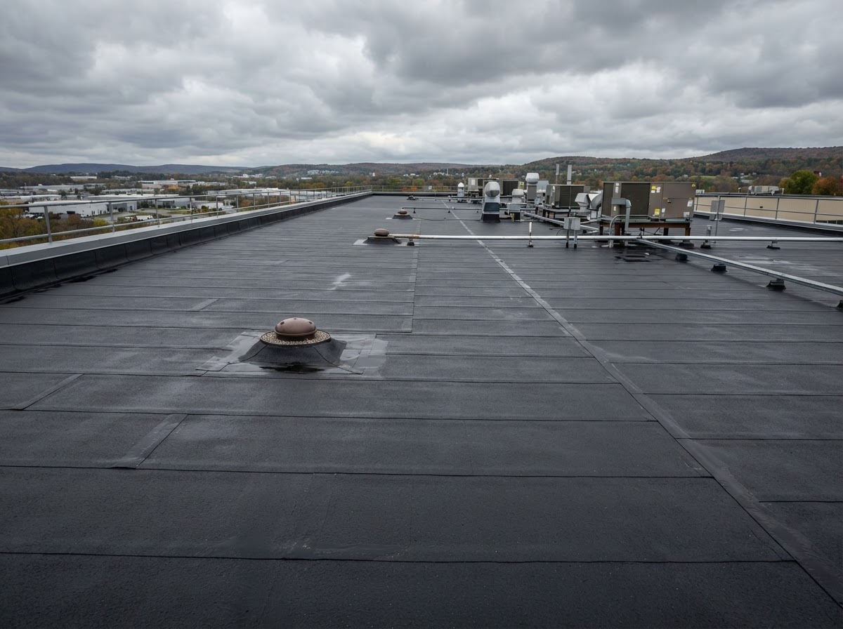 Black EPDM rubber roofing membrane on a low-slope commercial roof in Syracuse NY