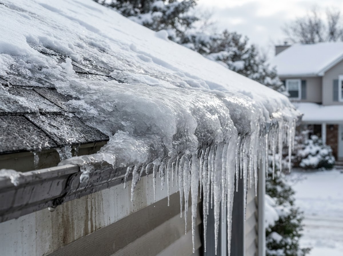Ice dam and icicles forming along the edge of a Syracuse NY roof in winter