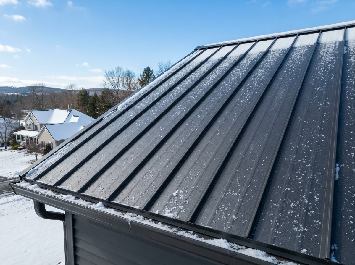Dark charcoal standing seam metal roof on a Central New York home with light snow