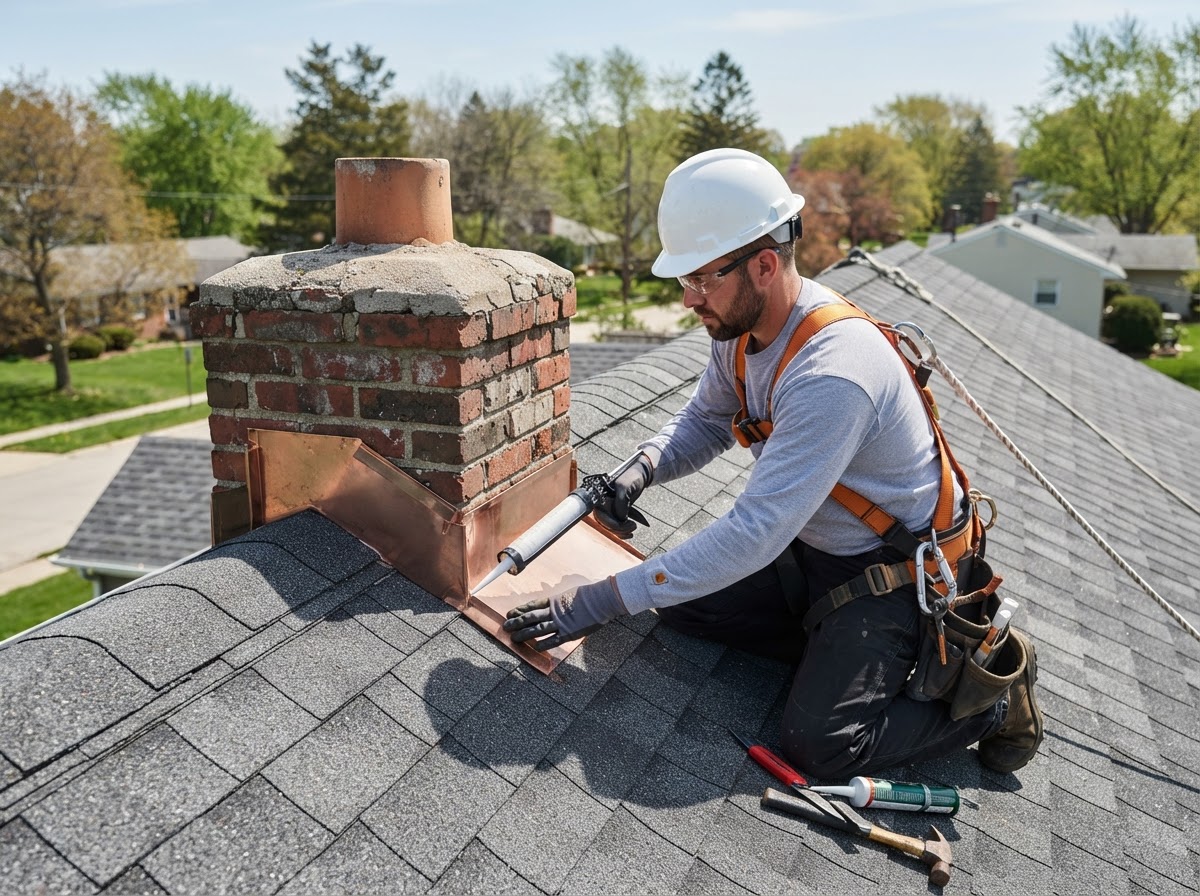 Roofer repairing chimney flashing on an asphalt shingle roof in Syracuse NY