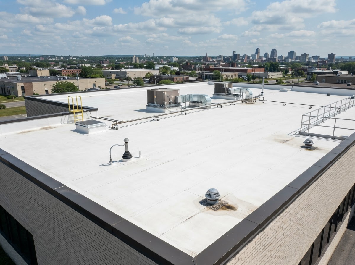 White TPO commercial flat roof with parapet walls and roof drains in Syracuse NY