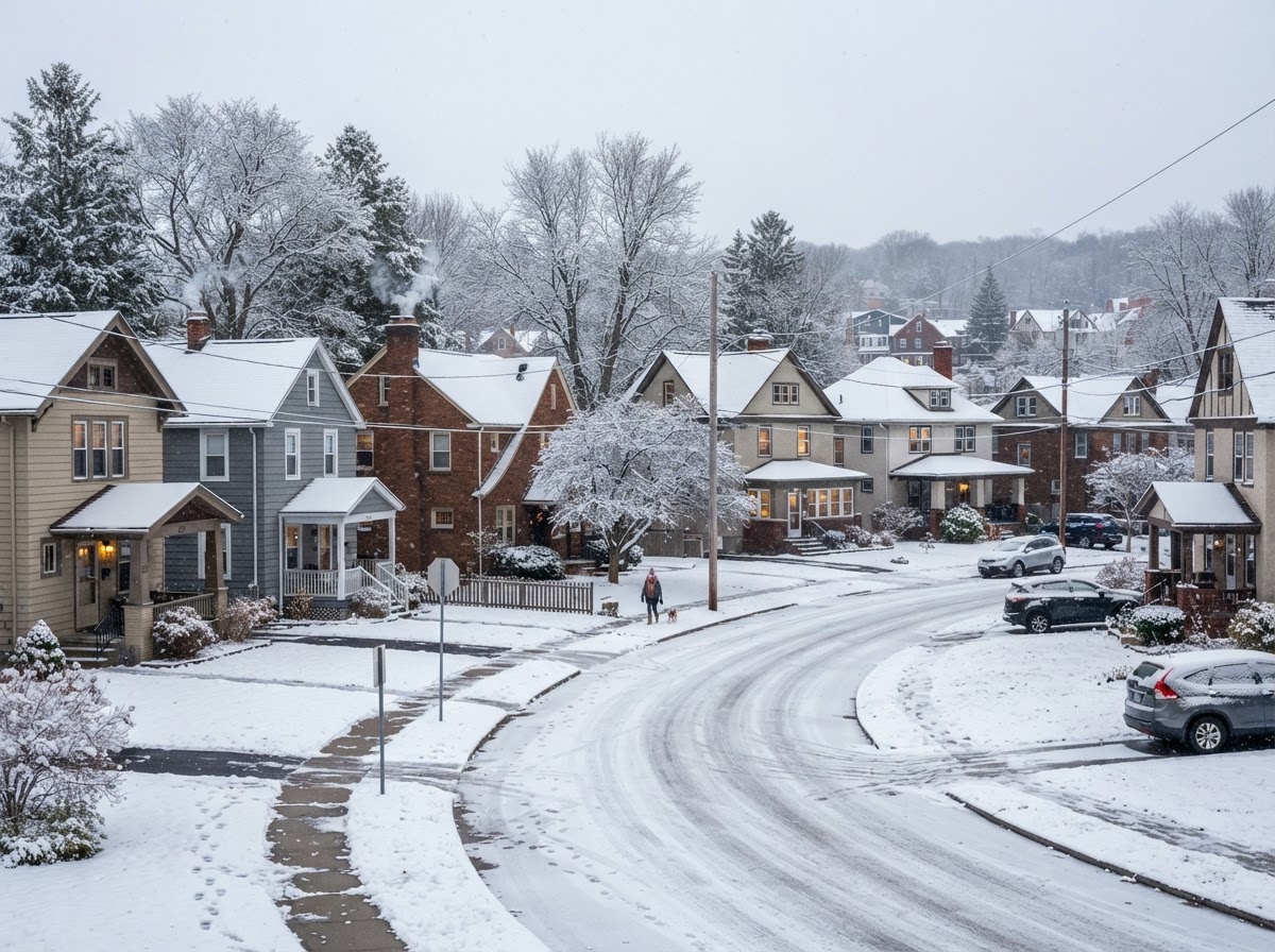 Syracuse NY neighborhood with homes and varied rooflines in winter