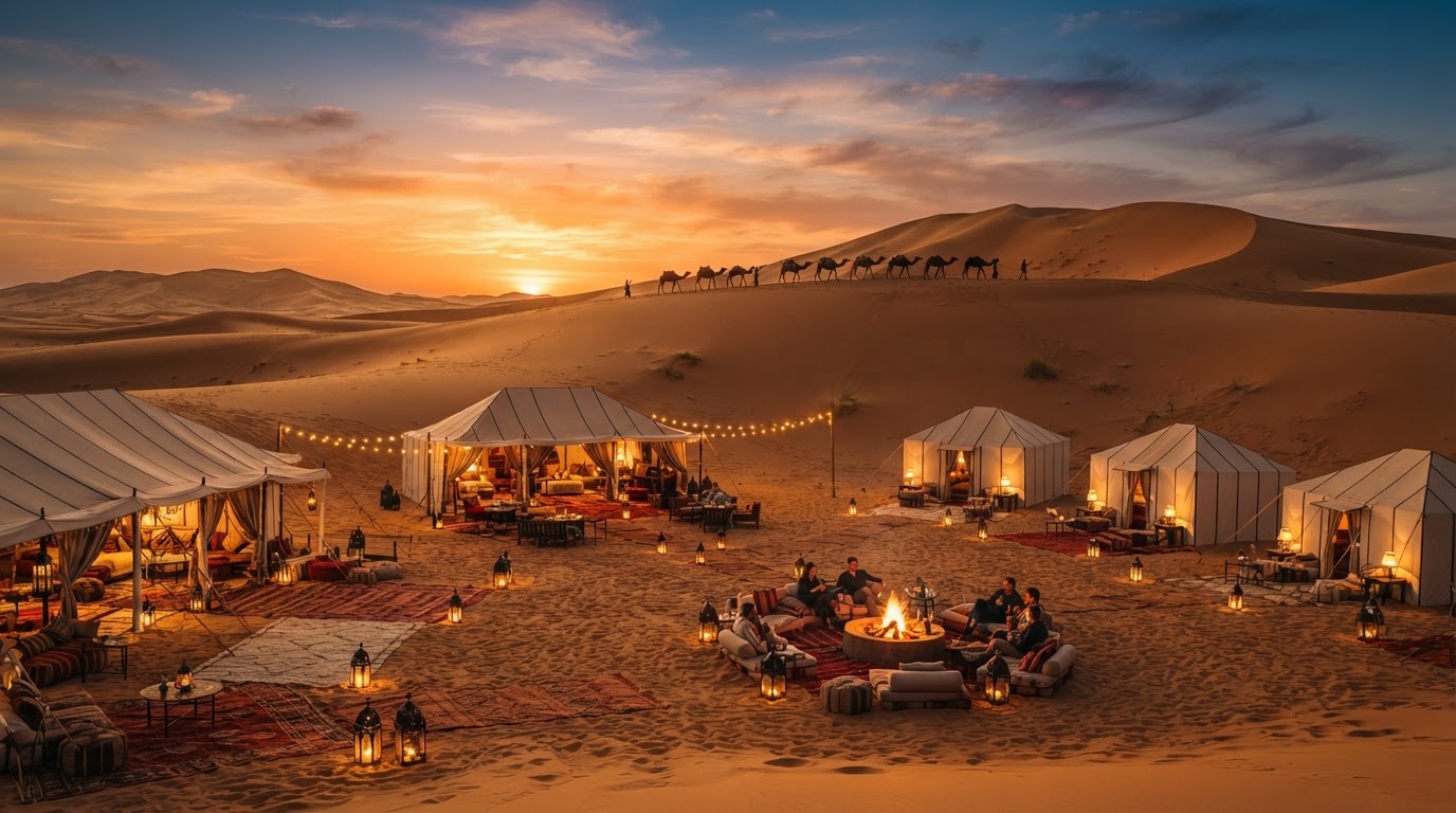 Golden Sahara dunes at sunset in Morocco