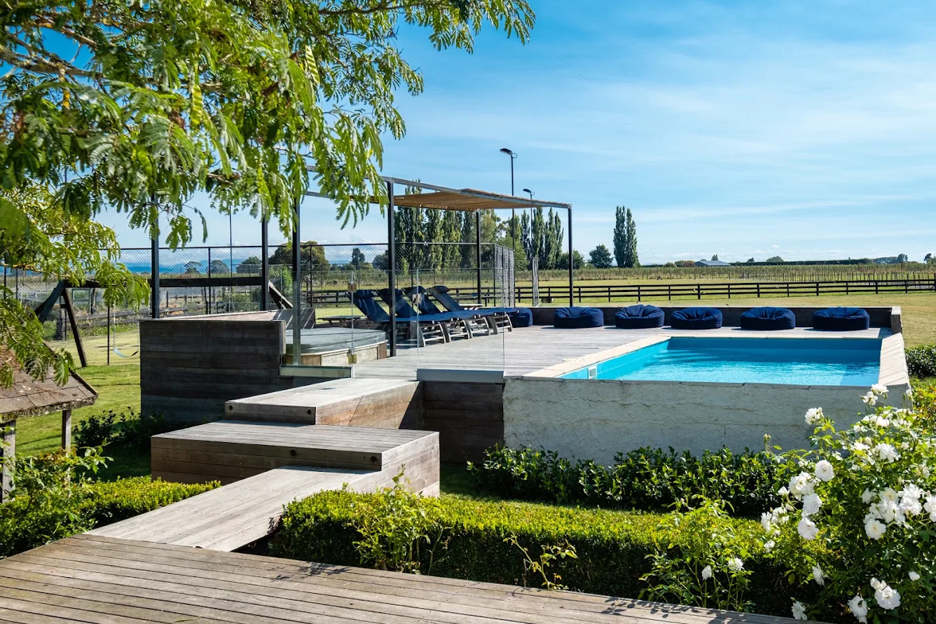 Lawn Road Retreats saltwater pool, loungers and bean bags