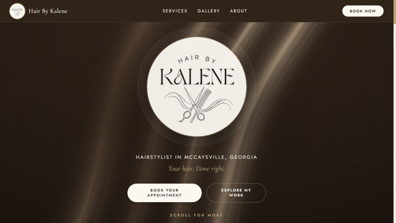 Hair By Kalene website featuring the salon logo, a flowing hair-inspired background, and online booking.