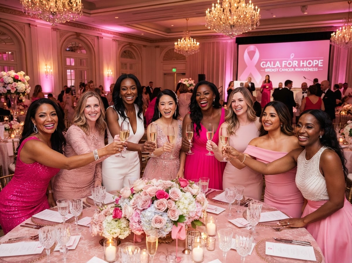 Diverse group of women joyfully celebrating at an elevated Breast Cancer Awareness gala with Private Parties LA
