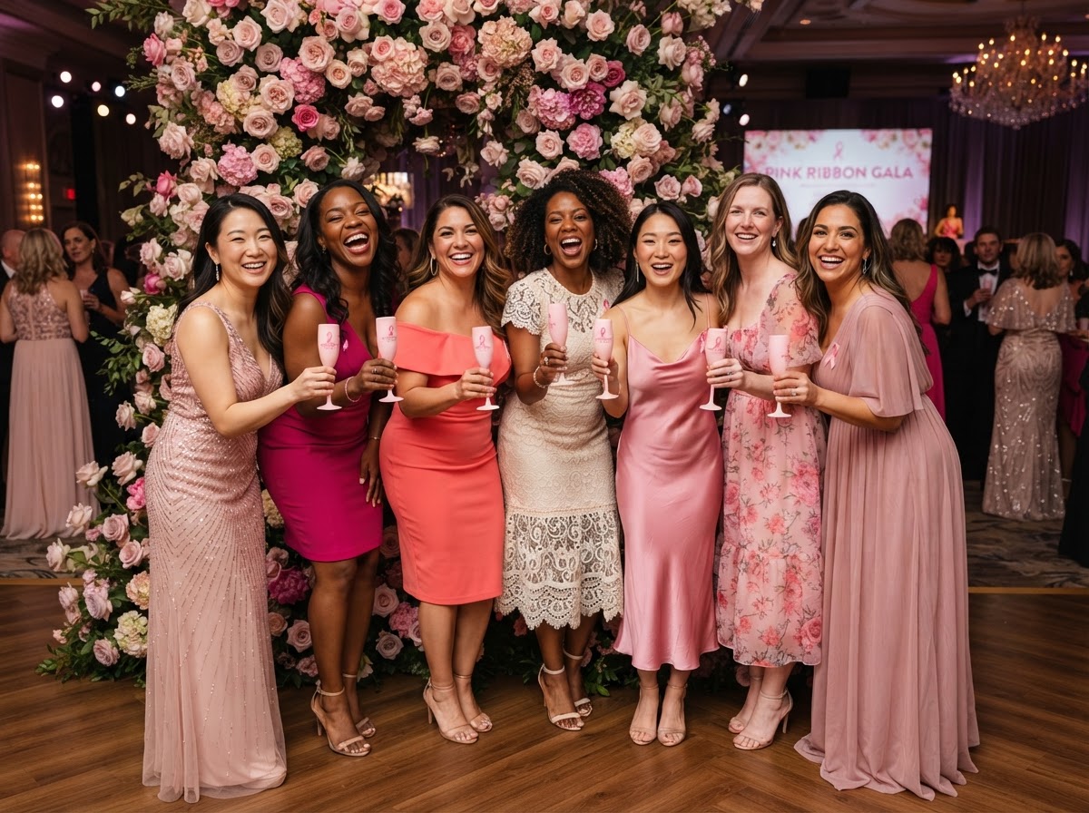 Diverse women of diverse ethnicities smiling and celebrating together at a Breast Cancer Awareness event