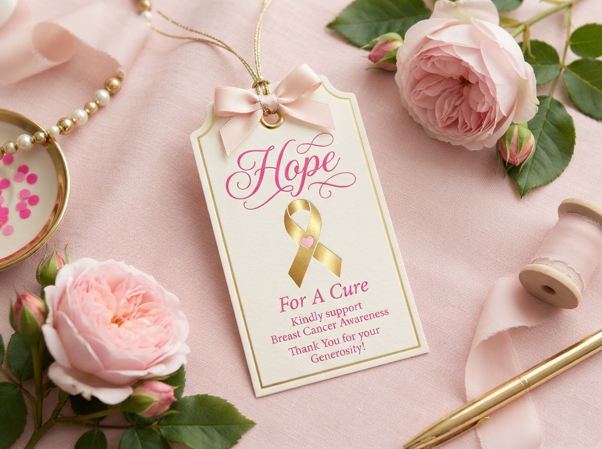 Free printable Pink With Purpose favor tag with gold awareness ribbon