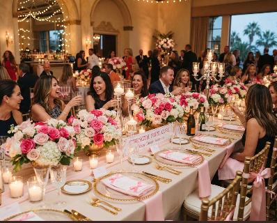 Private Parties LA Breast Cancer Awareness dinner table setting with pink florals and gold accents