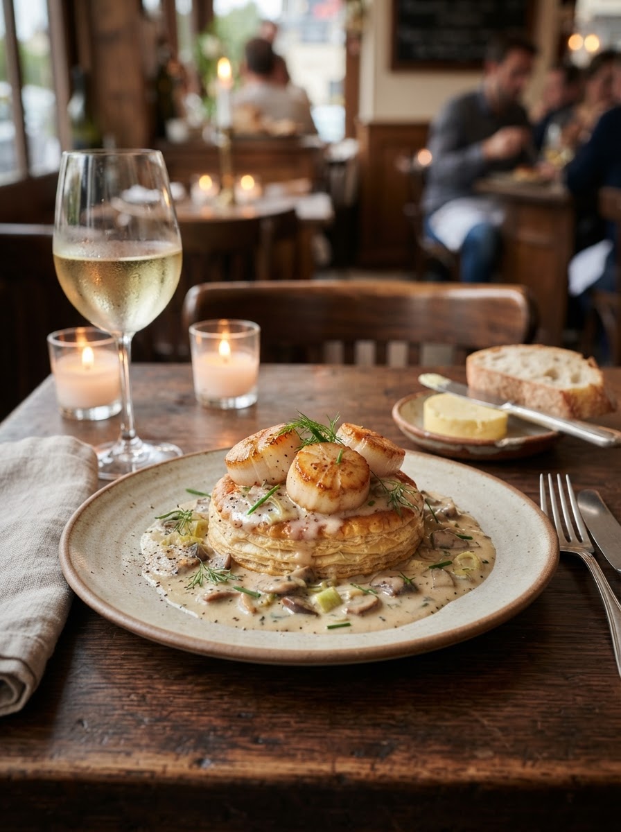 Seared Coquilles Saint-Jacques on golden puff pastry with leek fondue, wild mushrooms, and French wine — authentic Normandie & Bretagne cuisine at Et Voilà French Bistro