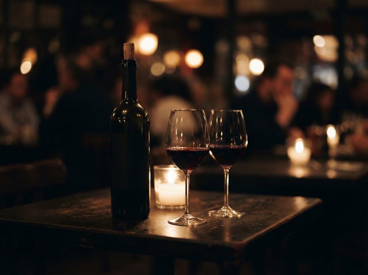 Two glasses of wine and a bottle on an intimate table for Soirée à Deux at Et Voilà French Bistro