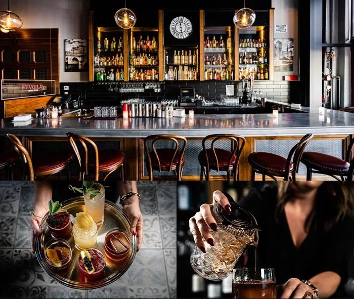 Full zinc bar, handcrafted craft cocktails, and tableside pour at Et Voilà French Bistro San Diego