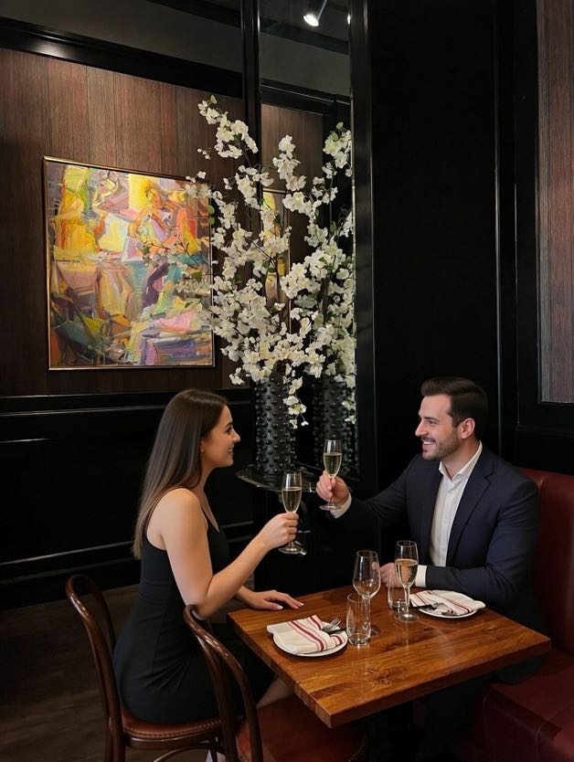 Couple toasting champagne glasses in an intimate dining corner at Et Voilà French Bistro Tuesday Soirée à Deux in San Diego