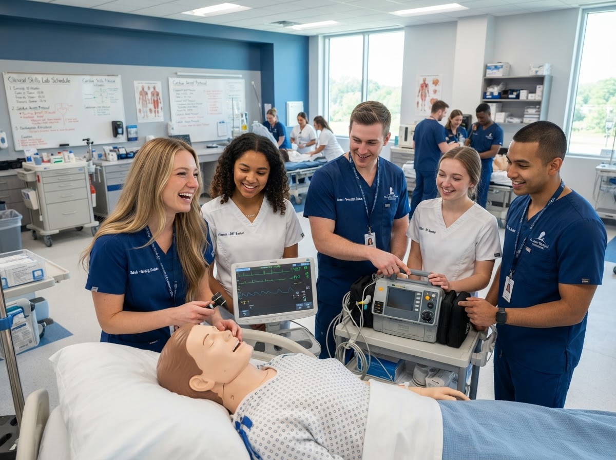 Healthcare career students training together
