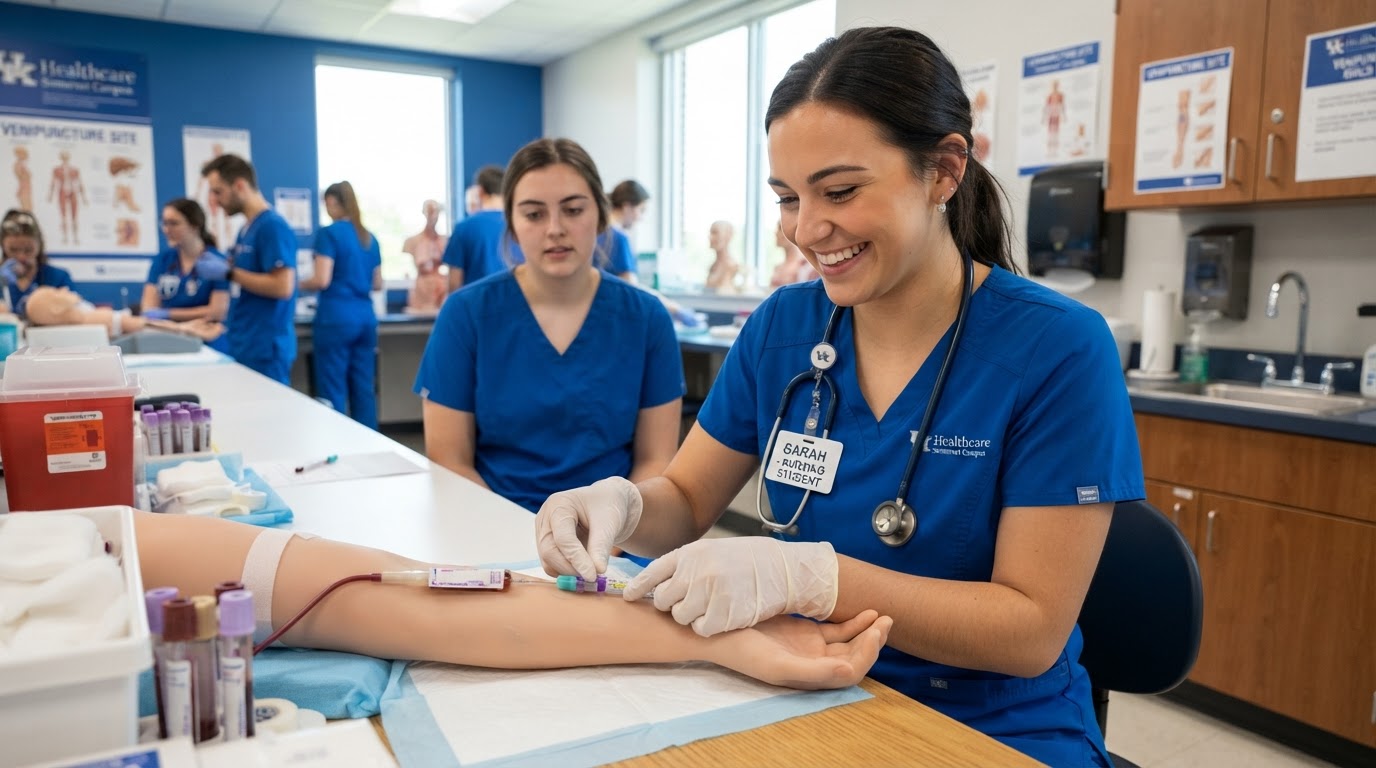 HCTI nursing student in blue scrubs practicing clinical skills