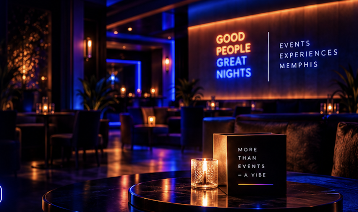 Plus Two Studios Memphis lounge atmosphere with 'Good People Great Nights' neon sign and VIP tables