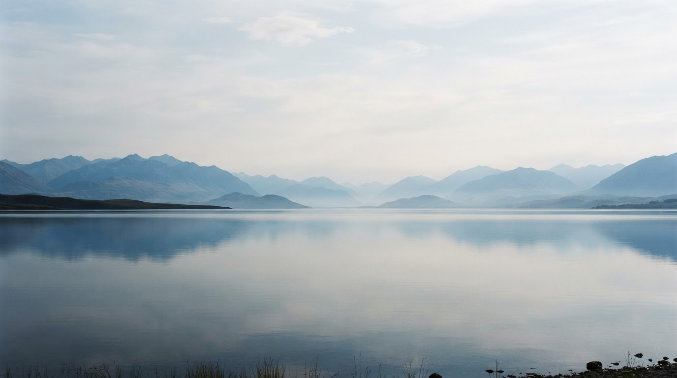 Open horizon over calm water and distant mountains