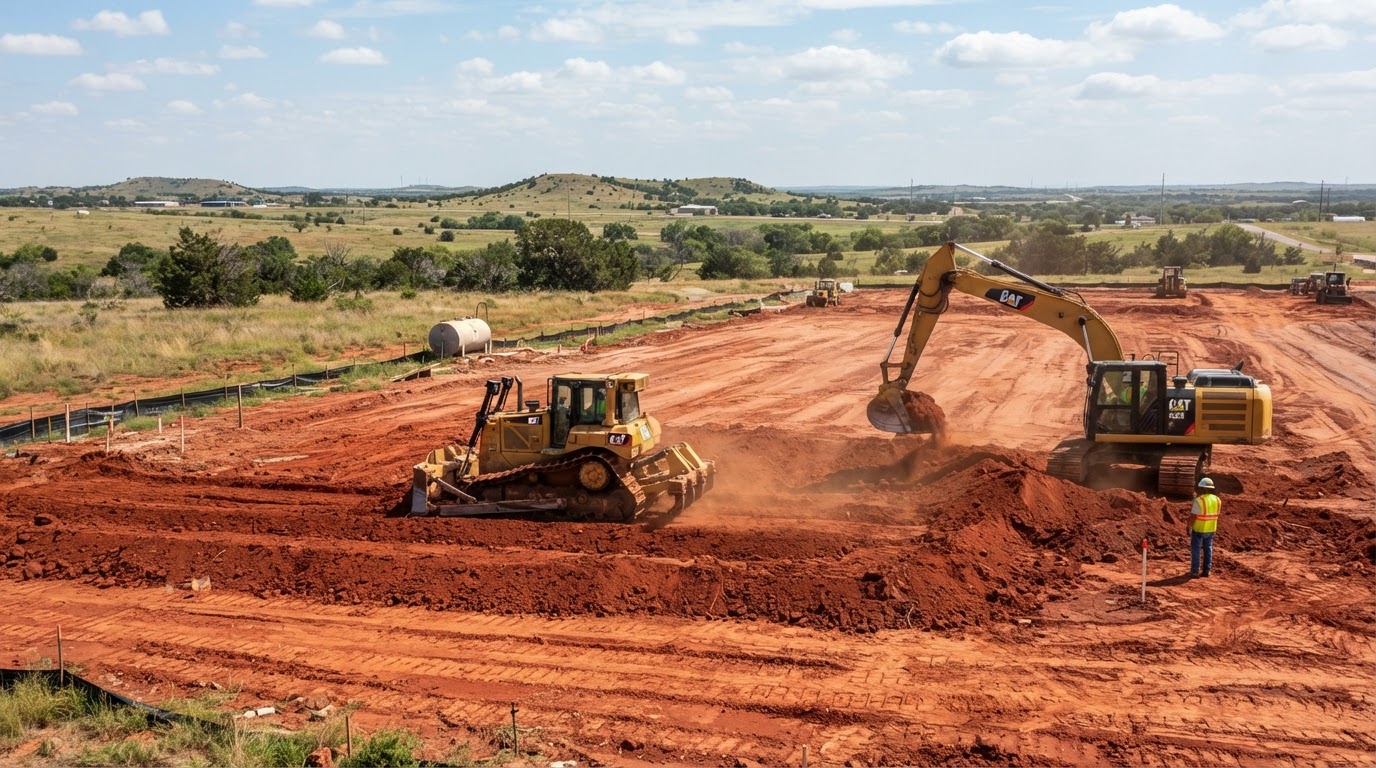 Double J Field Services bulldozer and excavator grading a construction site