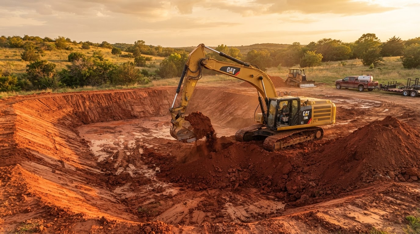 Double J Field Services excavator performing excavation and earthmoving on a construction site