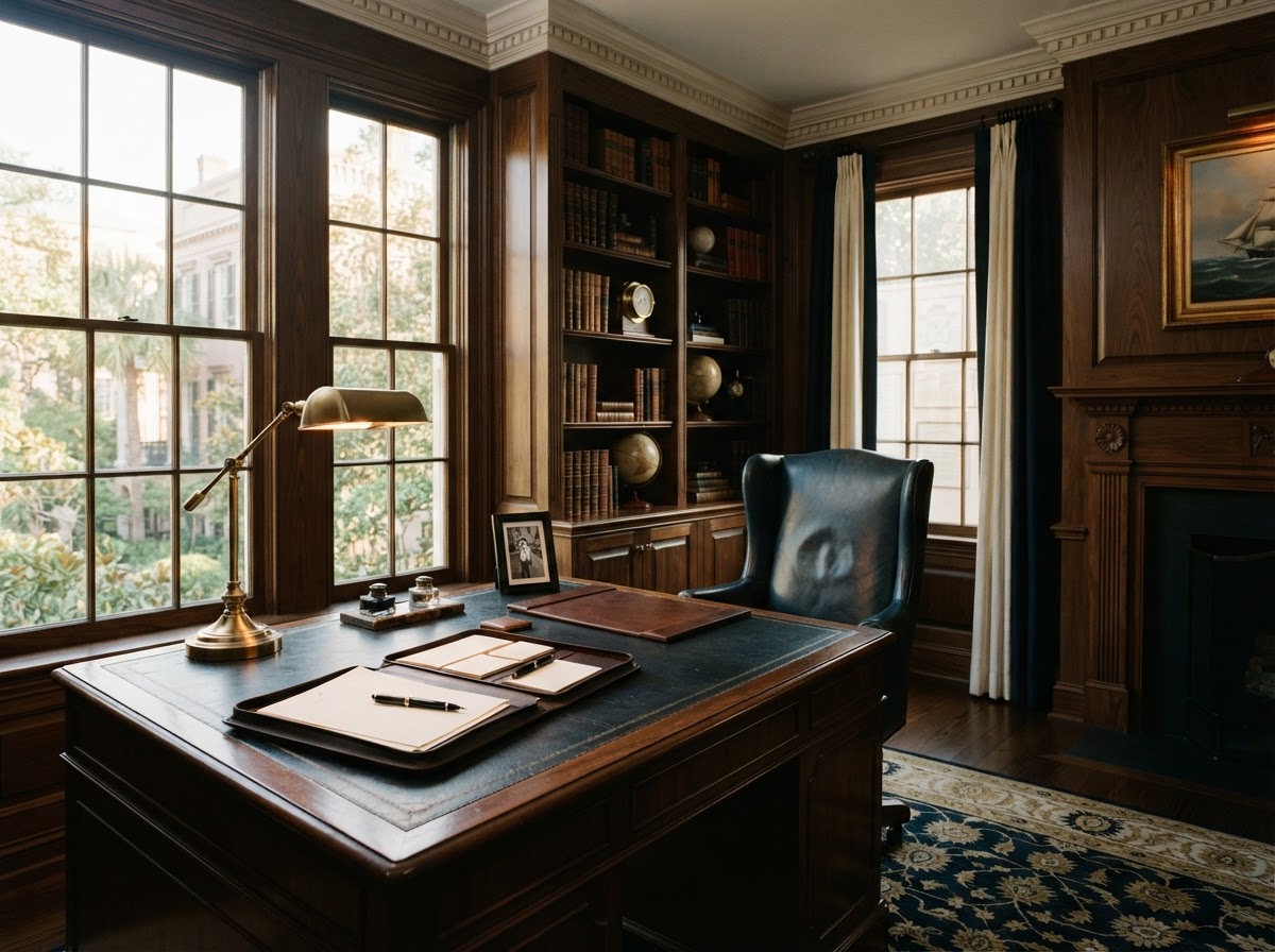A sophisticated private business office in historic Savannah — walnut paneling, leather desk and brass lamp