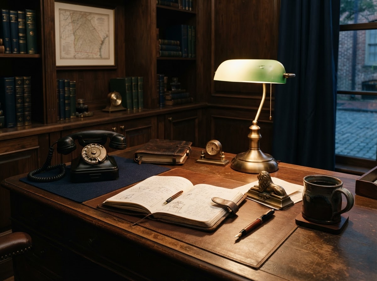 A private business development desk in historic Savannah — leather notebook, classic telephone, fountain pen and brass paperweight on walnut