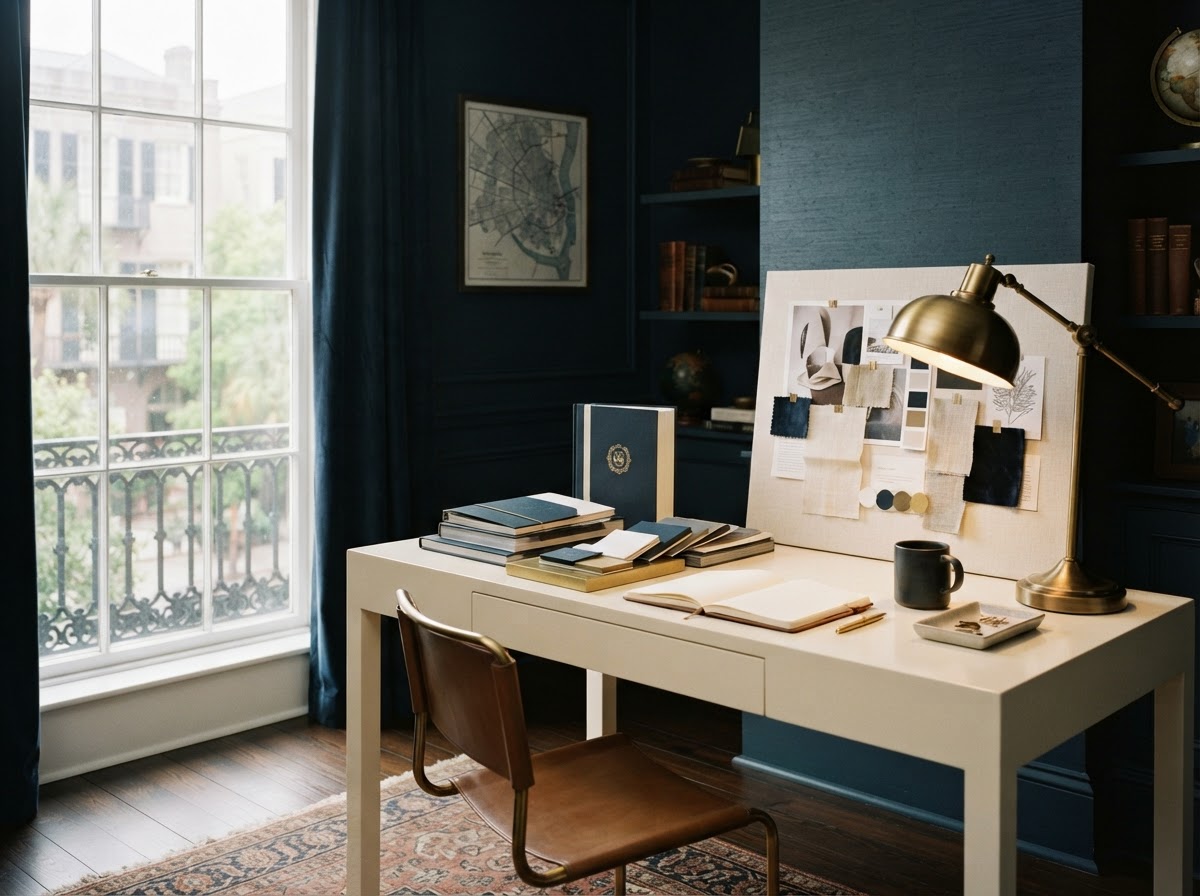 A private marketing workspace in historic Savannah — brand mood boards, printed collateral and a navy-and-cream brand book under warm light