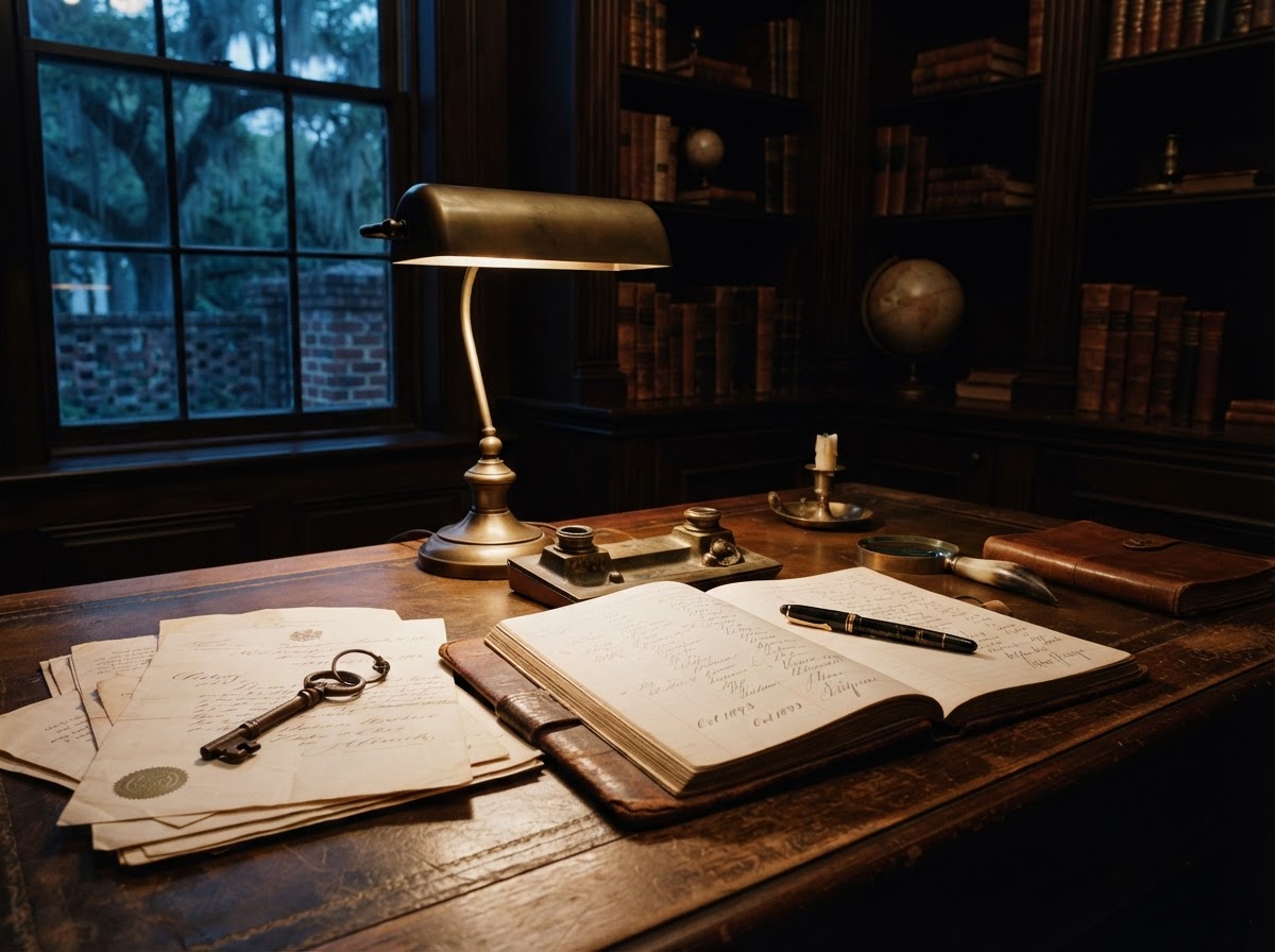 An old Savannah private office — open leather ledger, antique brass and aged documents under warm lamp light