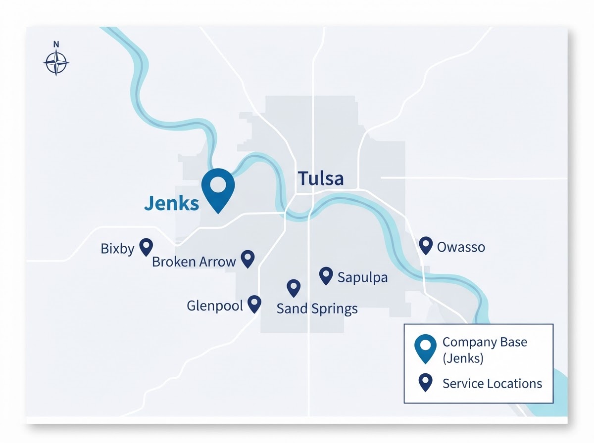 Branded map showing Alpha Plumbing service coverage across the Tulsa metro area, centered on Jenks, Oklahoma