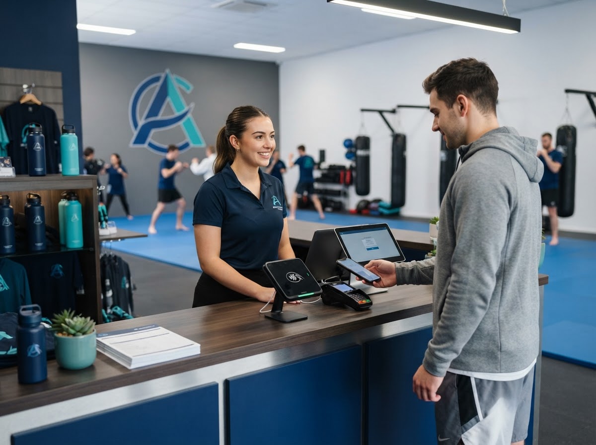 Martial arts gym front desk with payment terminal